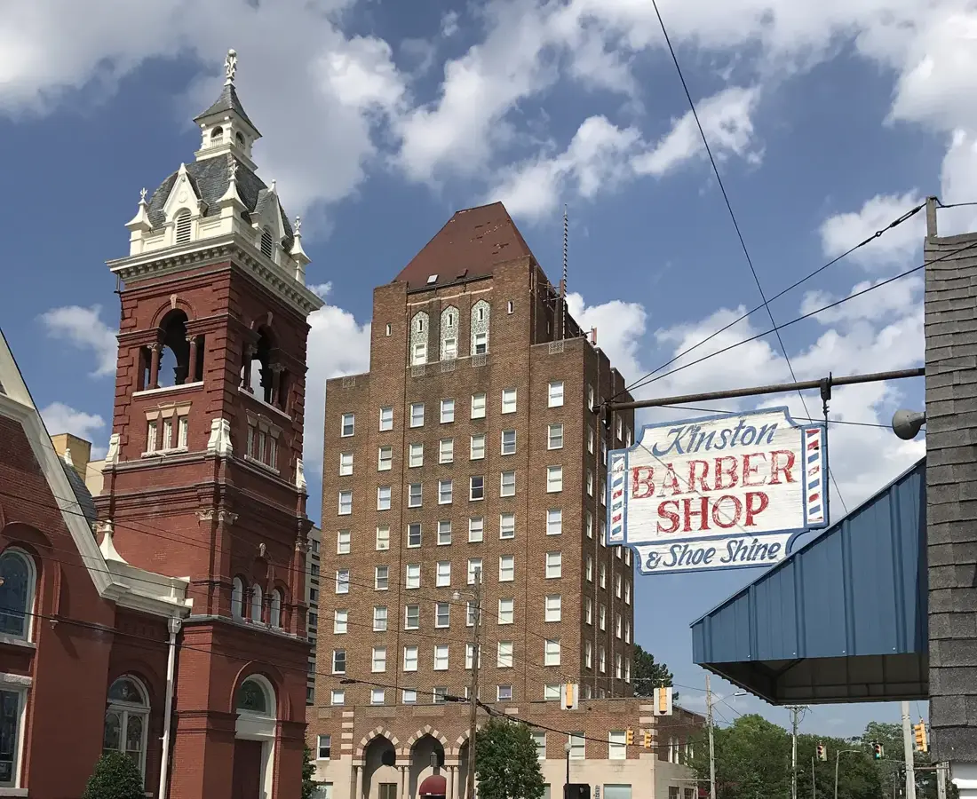 Queen Street United Methodist Church and the Kinston Hotel on Queen Street in downtown Kinston