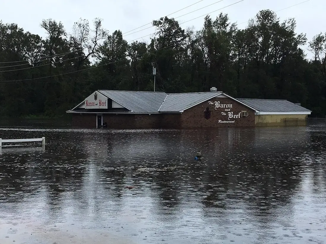 The Neuse River out of its banks around a restaurant in Kinston, NC during Florence