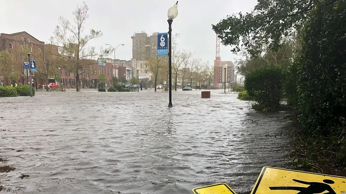Floodwater covering a city street in North Carolina after Hurricane Florence